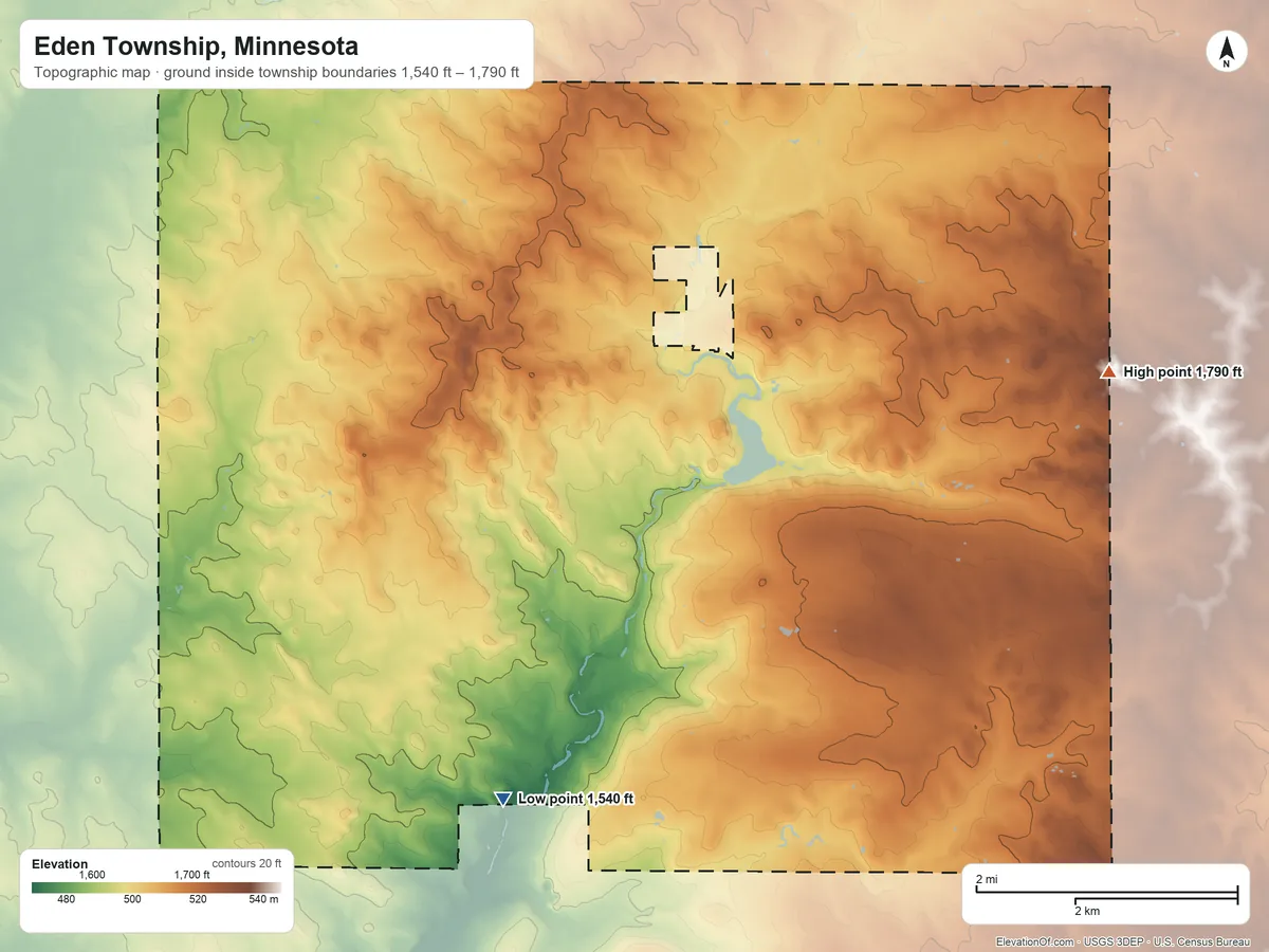 Topographic elevation map of Eden Township, Minnesota, shaded from 1,540 ft on the southwest side to 1,790 ft on the east side