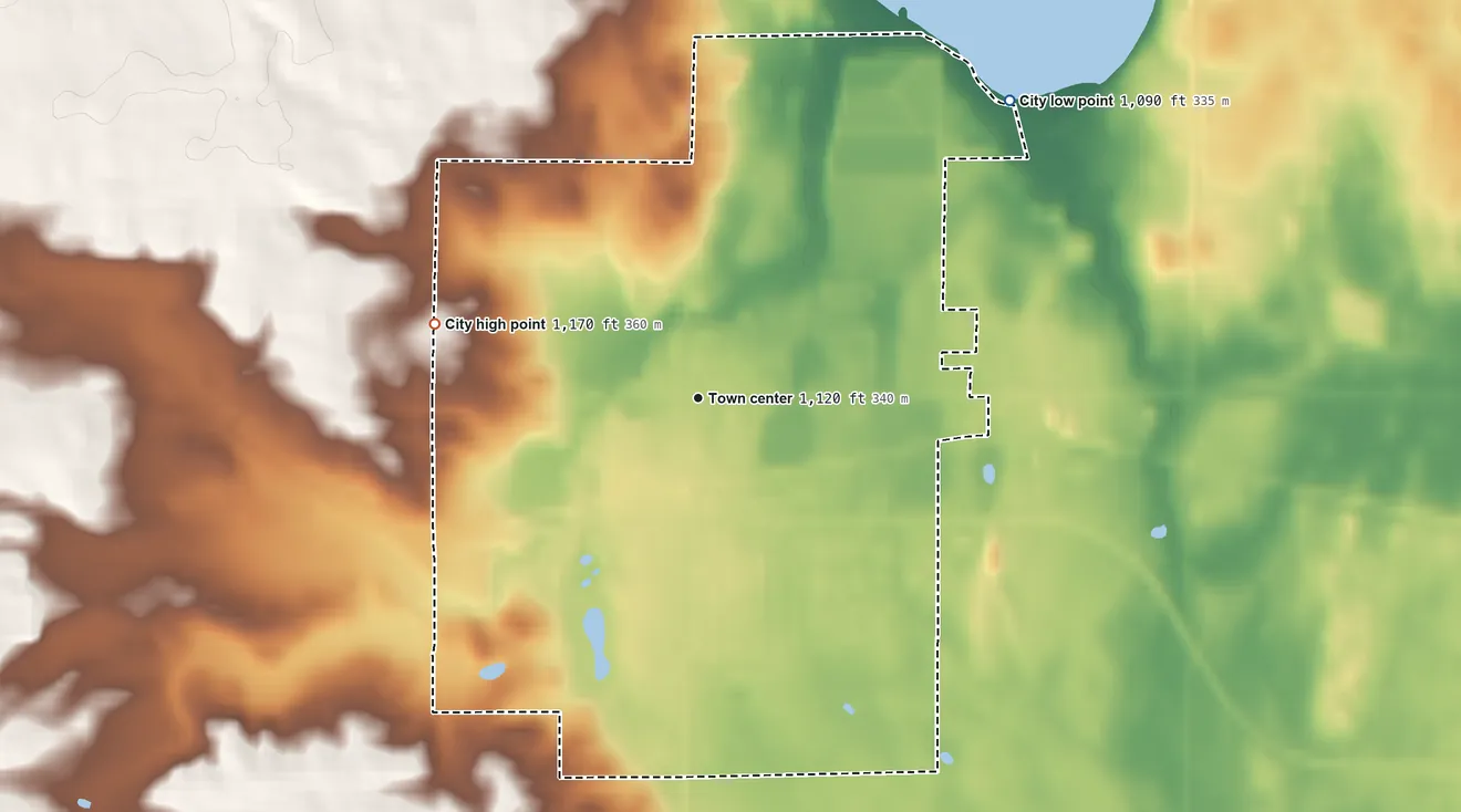 Topographic elevation map of Eden Valley, Minnesota, shaded from 1,090 ft on the northeast side to 1,170 ft on the west side