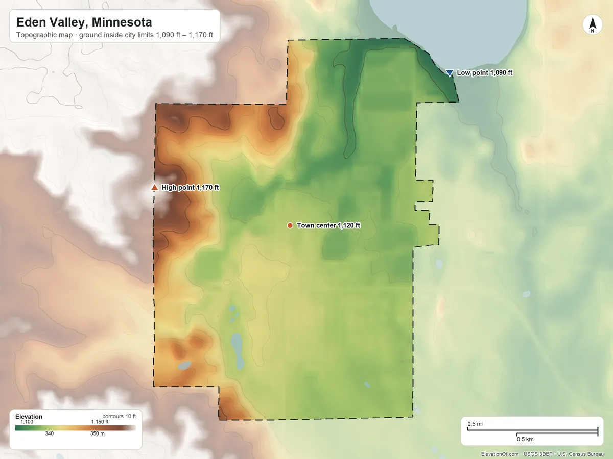 Topographic elevation map of Eden Valley, Minnesota, shaded from 1,090 ft on the northeast side to 1,170 ft on the west side