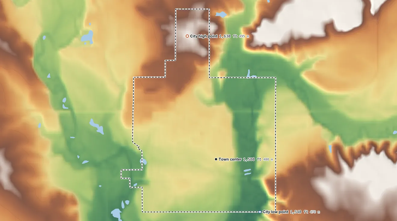 Topographic elevation map of Edgerton, Minnesota, shaded from 1,540 ft on the southeast side to 1,630 ft on the north side