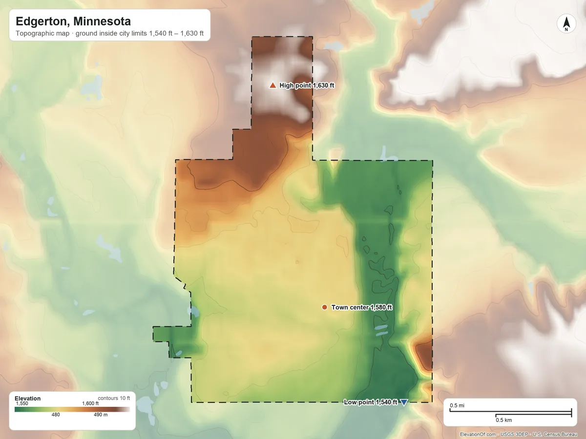 Topographic elevation map of Edgerton, Minnesota, shaded from 1,540 ft on the southeast side to 1,630 ft on the north side
