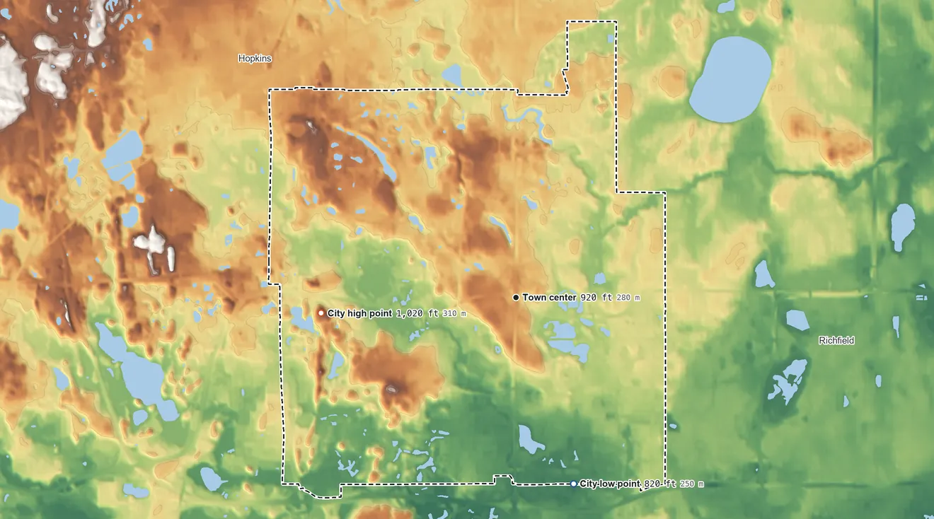 Topographic elevation map of Edina, Minnesota, shaded from 820 ft on the south side to 1,020 ft on the west side