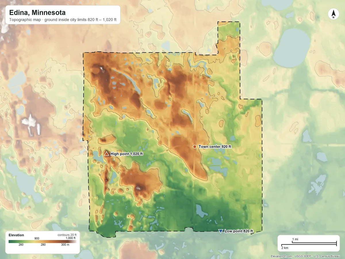 Topographic elevation map of Edina, Minnesota, shaded from 820 ft on the south side to 1,020 ft on the west side