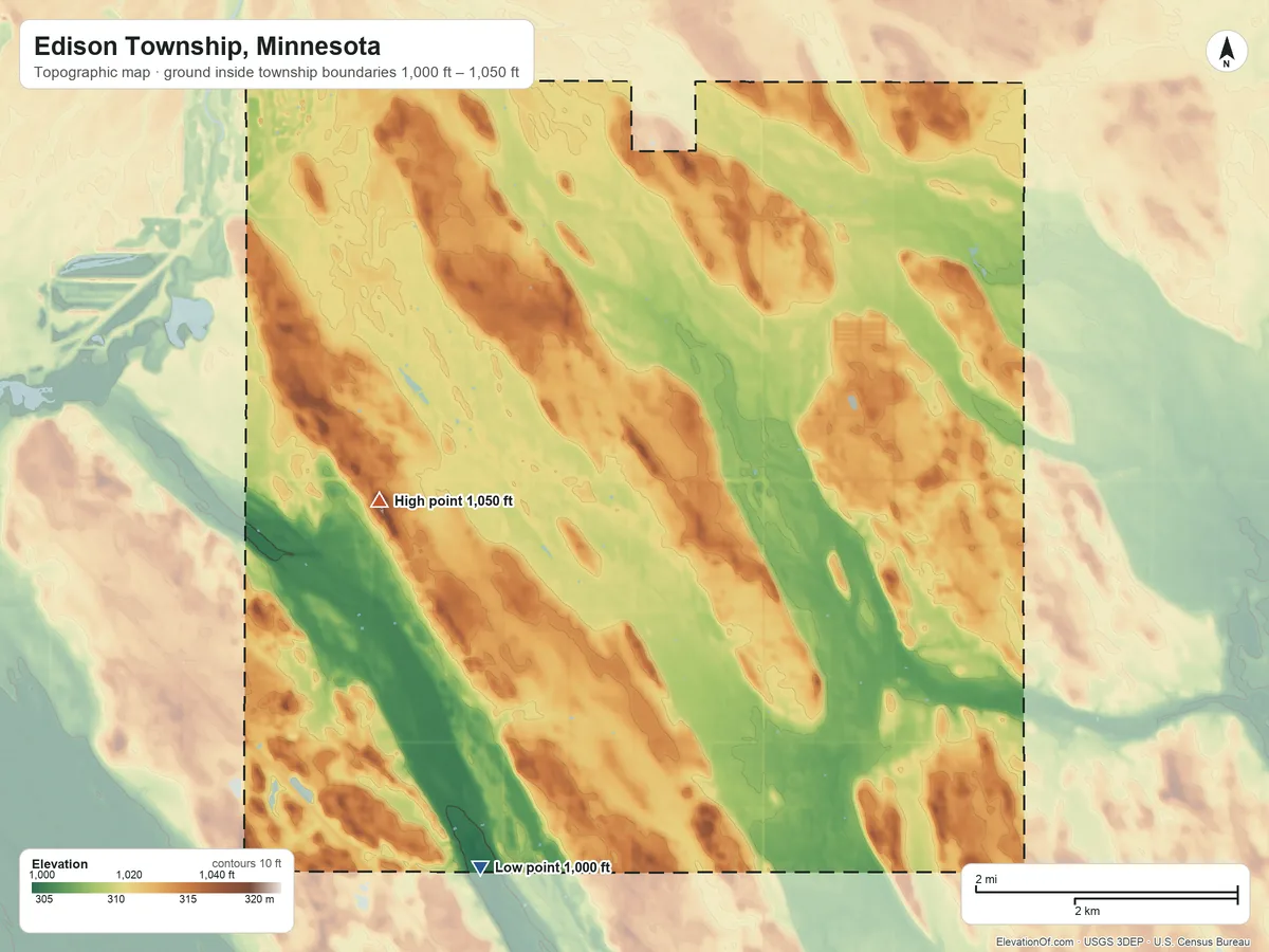 Topographic elevation map of Edison Township, Minnesota, shaded from 1,000 ft on the southwest side to 1,050 ft on the west side