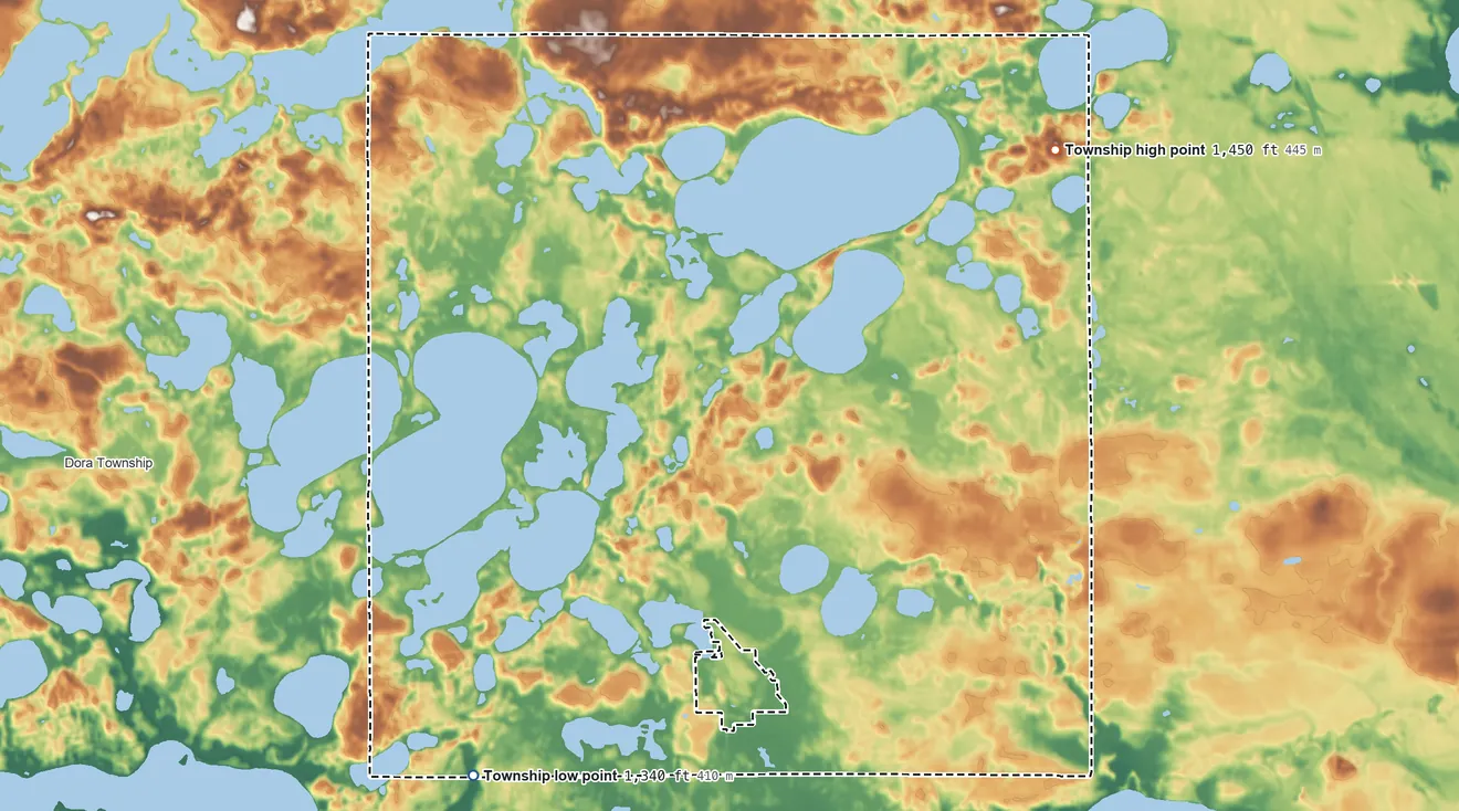 Topographic elevation map of Edna Township, Minnesota, shaded from 1,340 ft on the southwest side to 1,450 ft on the east side