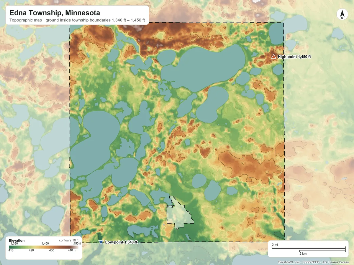 Topographic elevation map of Edna Township, Minnesota, shaded from 1,340 ft on the southwest side to 1,450 ft on the east side