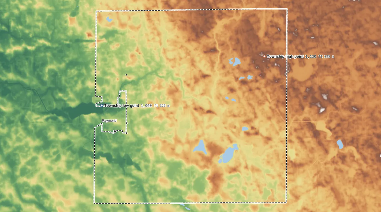 Topographic elevation map of Edwards Township, Minnesota, shaded from 1,060 ft on the west side to 1,130 ft on the east side
