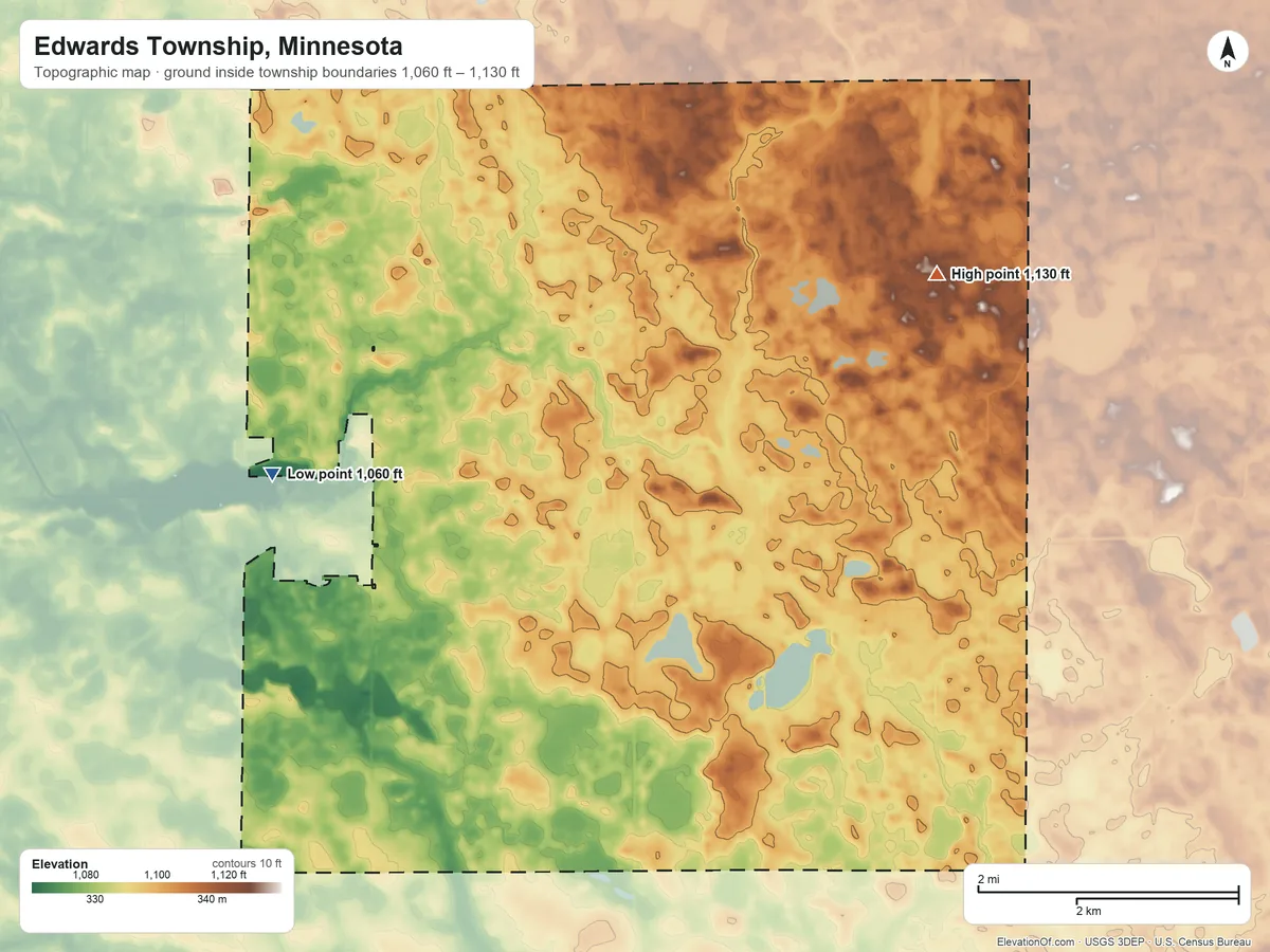 Topographic elevation map of Edwards Township, Minnesota, shaded from 1,060 ft on the west side to 1,130 ft on the east side