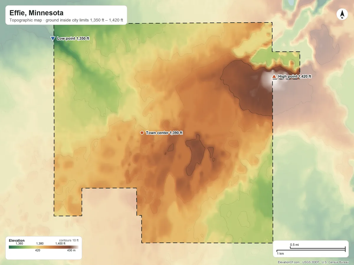 Topographic elevation map of Effie, Minnesota, shaded from 1,350 ft on the northwest side to 1,420 ft on the northeast side