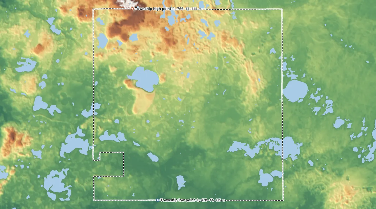 Topographic elevation map of Effington Township, Minnesota, shaded from 1,420 ft on the south side to 1,760 ft on the northwest side