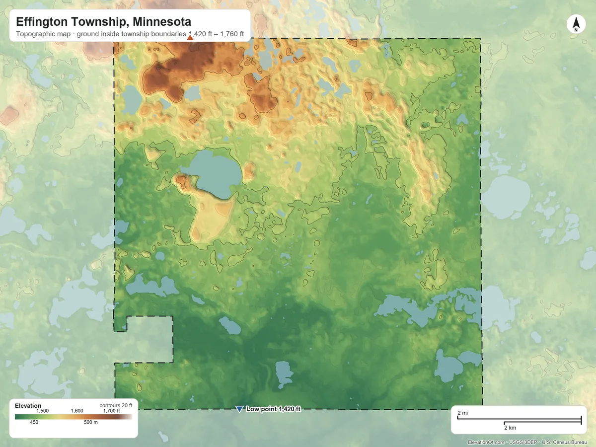 Topographic elevation map of Effington Township, Minnesota, shaded from 1,420 ft on the south side to 1,760 ft on the northwest side