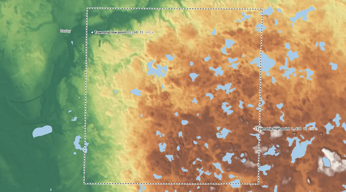 Topographic elevation map of Eglon Township, Minnesota, shaded from 1,140 ft on the northwest side to 1,470 ft on the southeast side