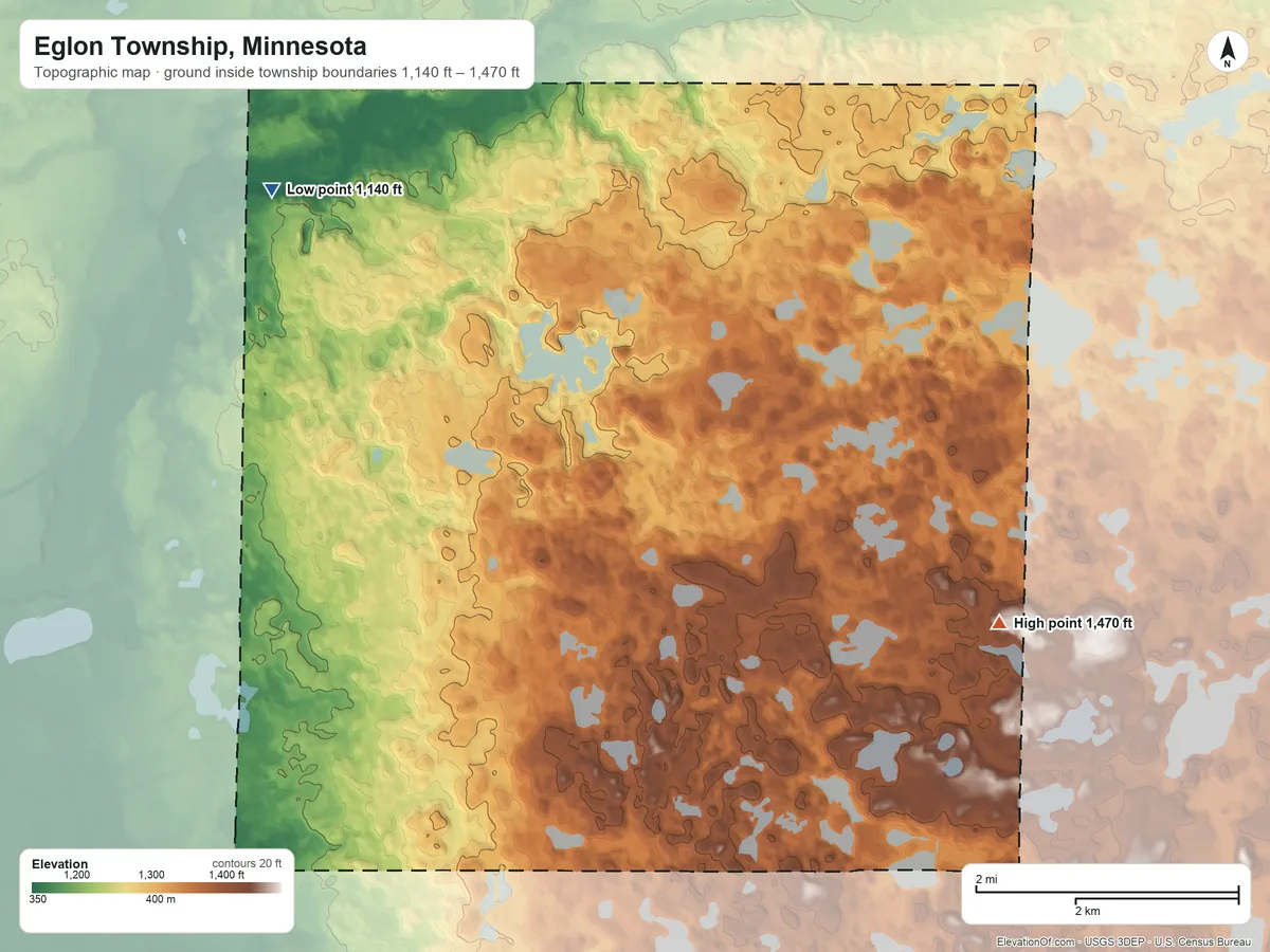 Topographic elevation map of Eglon Township, Minnesota, shaded from 1,140 ft on the northwest side to 1,470 ft on the southeast side