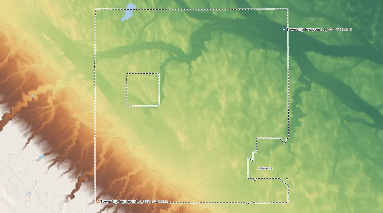 Topographic elevation map of Eidsvold Township, Minnesota, shaded from 1,110 ft on the northeast side to 1,330 ft on the southwest side