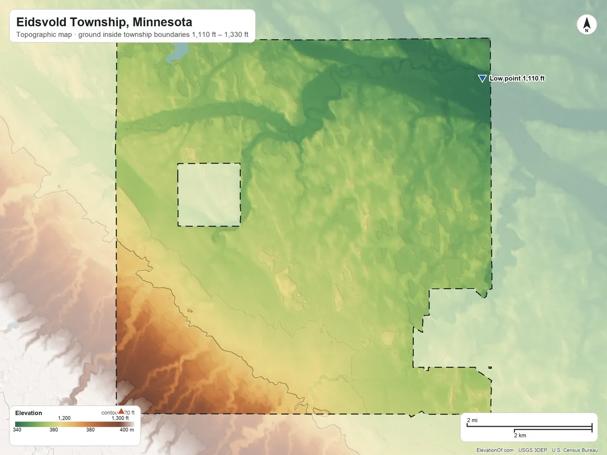 Topographic elevation map of Eidsvold Township, Minnesota, shaded from 1,110 ft on the northeast side to 1,330 ft on the southwest side