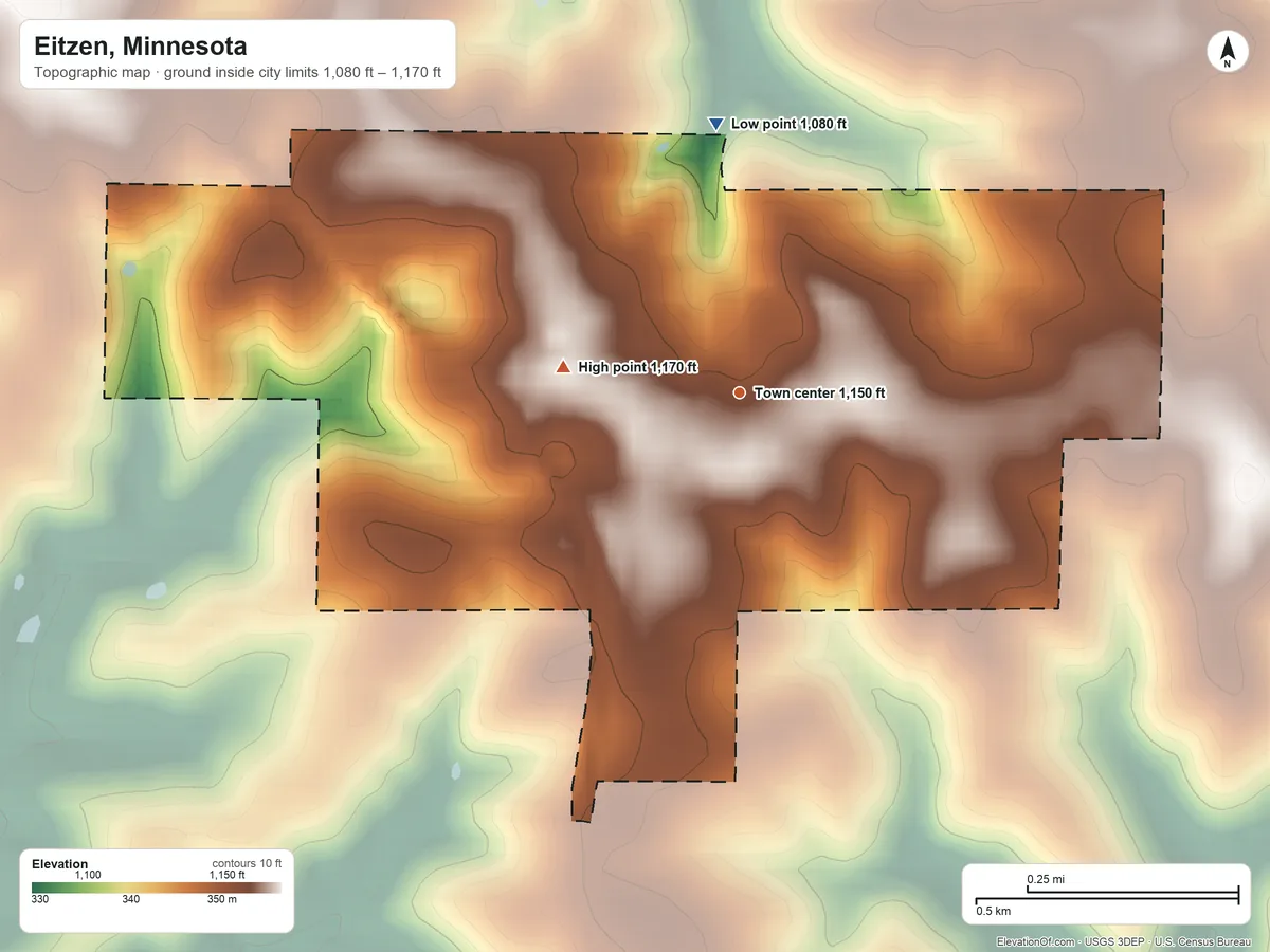 Topographic elevation map of Eitzen, Minnesota, shaded from 1,080 ft on the north side to 1,170 ft on the west side