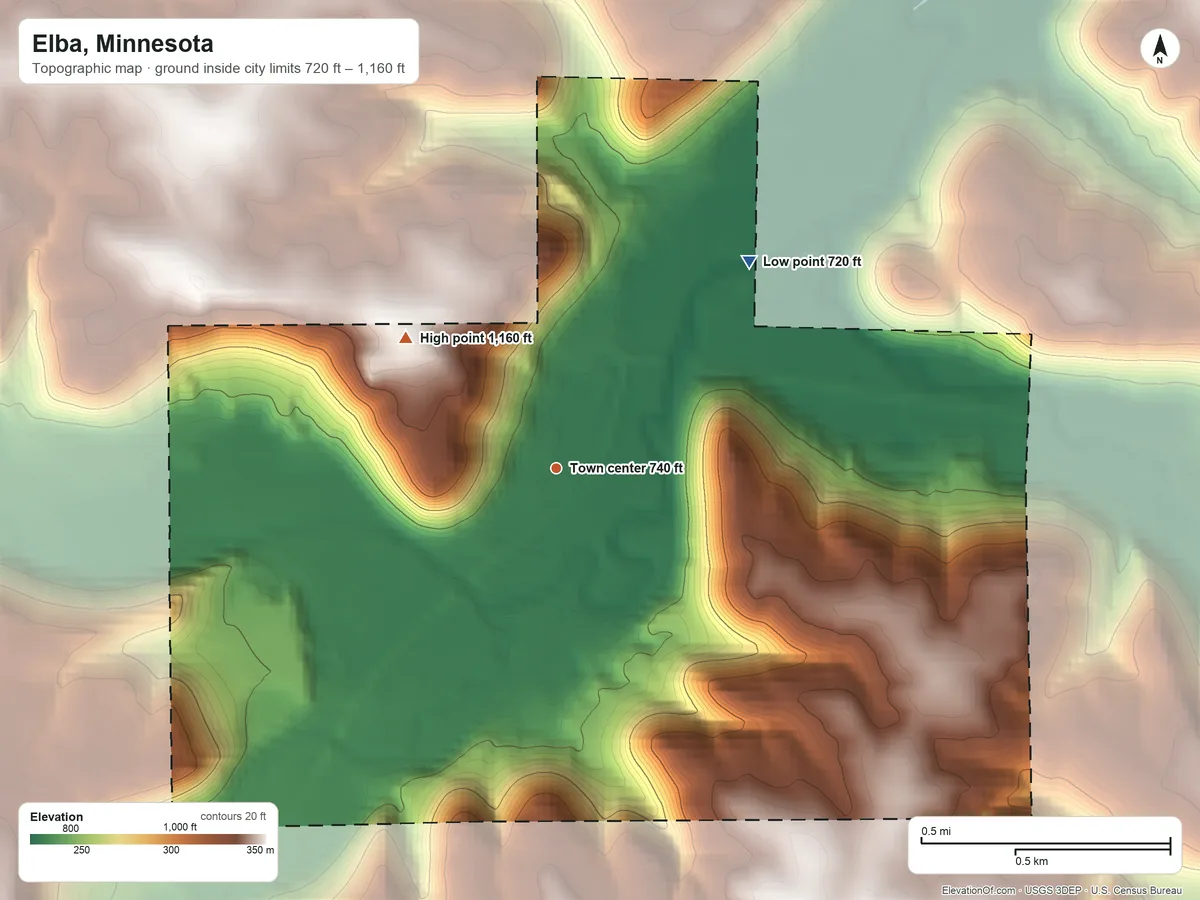 Topographic elevation map of Elba, Minnesota, shaded from 720 ft on the northeast side to 1,160 ft on the northwest side