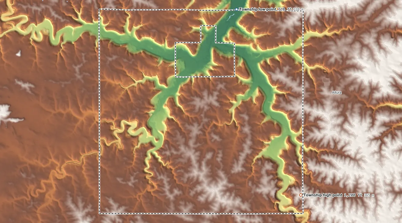 Topographic elevation map of Elba Township, Minnesota, shaded from 720 ft on the northeast side to 1,200 ft on the southeast side