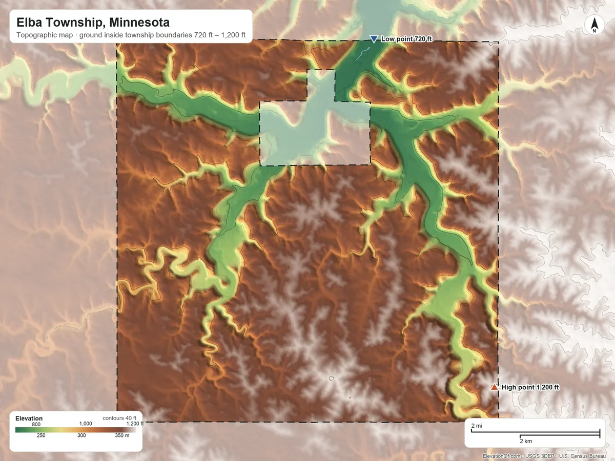 Topographic elevation map of Elba Township, Minnesota, shaded from 720 ft on the northeast side to 1,200 ft on the southeast side