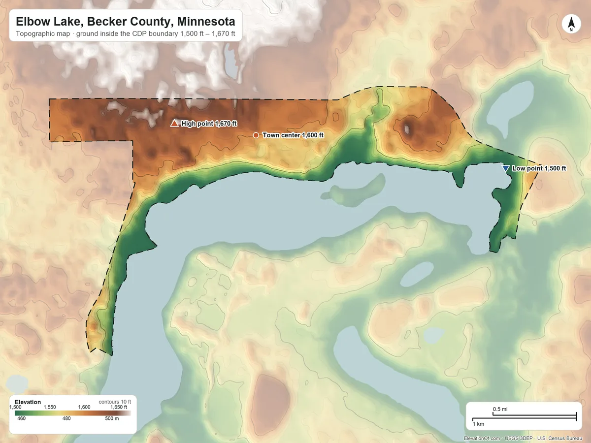 Topographic elevation map of Elbow Lake, Becker County, Minnesota, shaded from 1,500 ft on the east side to 1,670 ft on the west side