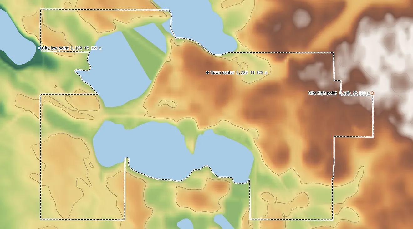 Topographic elevation map of Elbow Lake, Minnesota, shaded from 1,170 ft on the west side to 1,240 ft on the east side