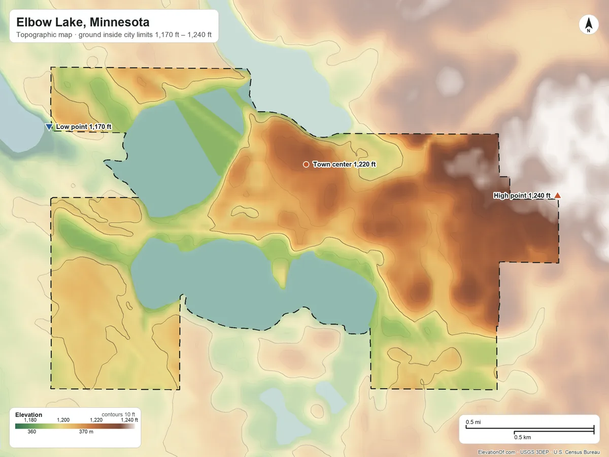Topographic elevation map of Elbow Lake, Minnesota, shaded from 1,170 ft on the west side to 1,240 ft on the east side