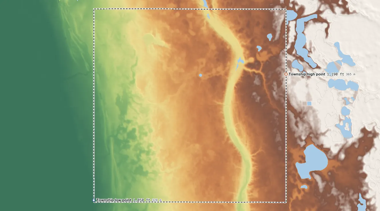 Topographic elevation map of Elbow Lake Township, Minnesota, shaded from 1,050 ft on the southwest side to 1,190 ft on the northeast side