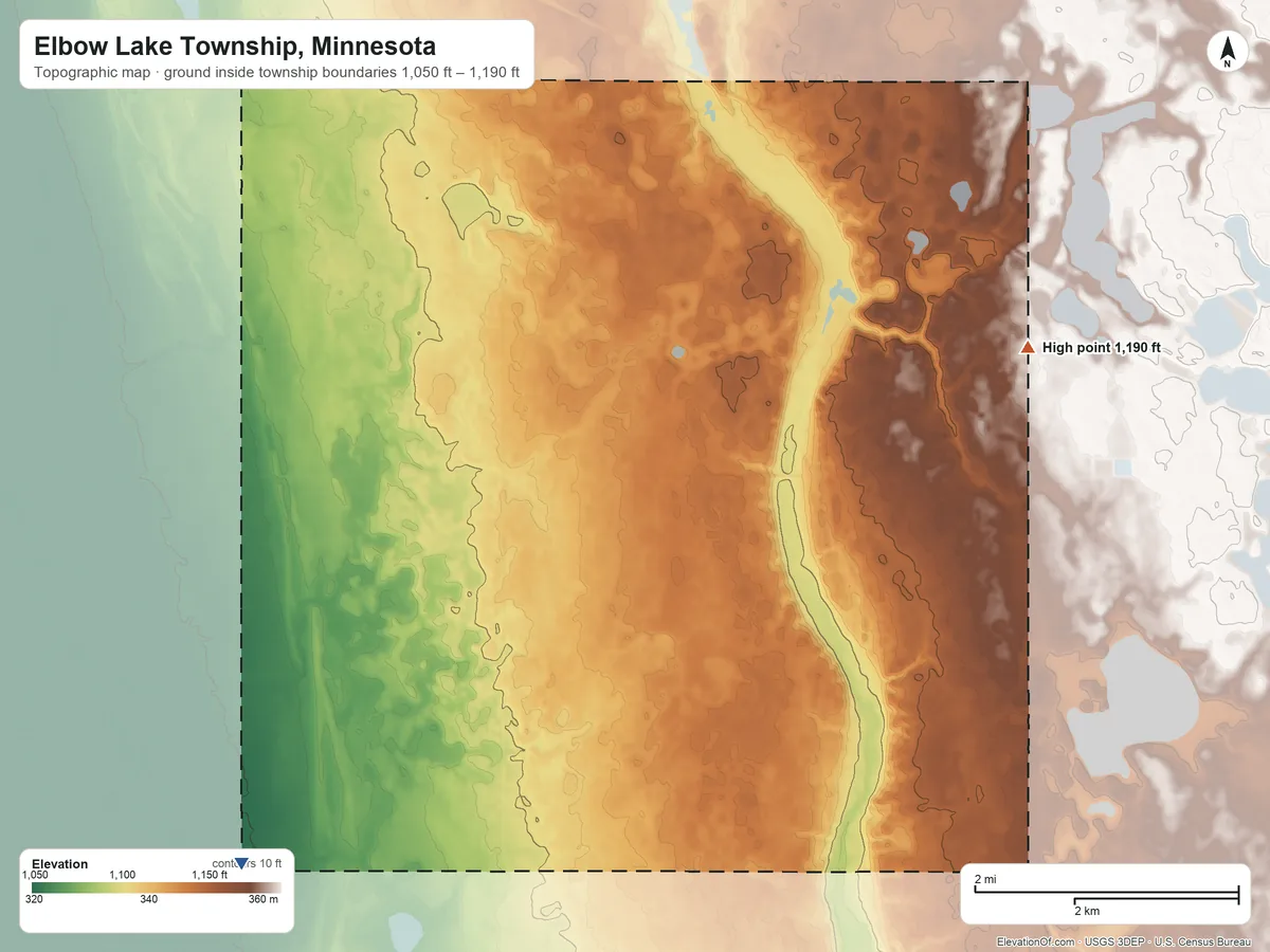 Topographic elevation map of Elbow Lake Township, Minnesota, shaded from 1,050 ft on the southwest side to 1,190 ft on the northeast side