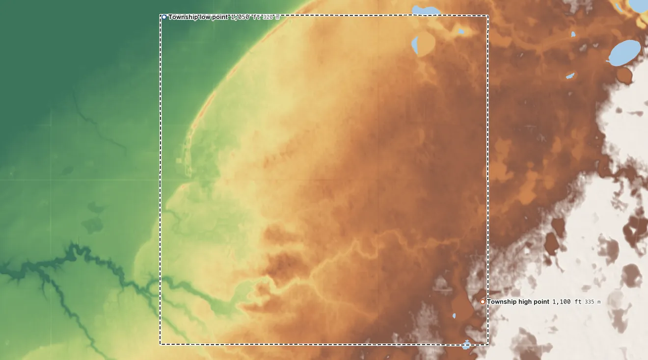 Topographic elevation map of Eldorado Township, Minnesota, shaded from 1,050 ft on the northwest side to 1,100 ft on the southeast side