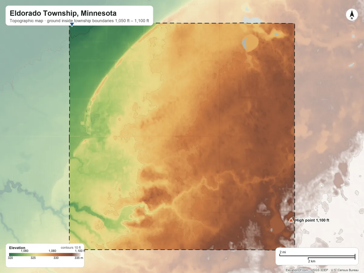 Topographic elevation map of Eldorado Township, Minnesota, shaded from 1,050 ft on the northwest side to 1,100 ft on the southeast side