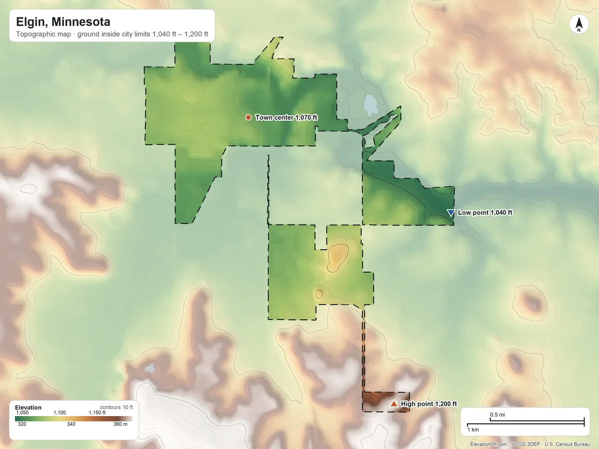 Topographic elevation map of Elgin, Minnesota, shaded from 1,040 ft on the southeast side to 1,200 ft on the southeast side