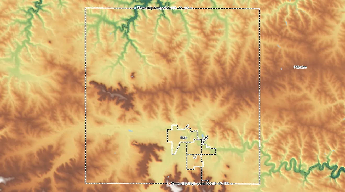 Topographic elevation map of Elgin Township, Minnesota, shaded from 960 ft on the north side to 1,240 ft on the south side