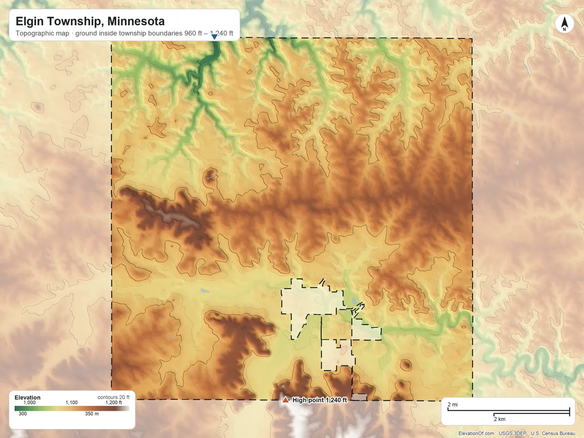 Topographic elevation map of Elgin Township, Minnesota, shaded from 960 ft on the north side to 1,240 ft on the south side