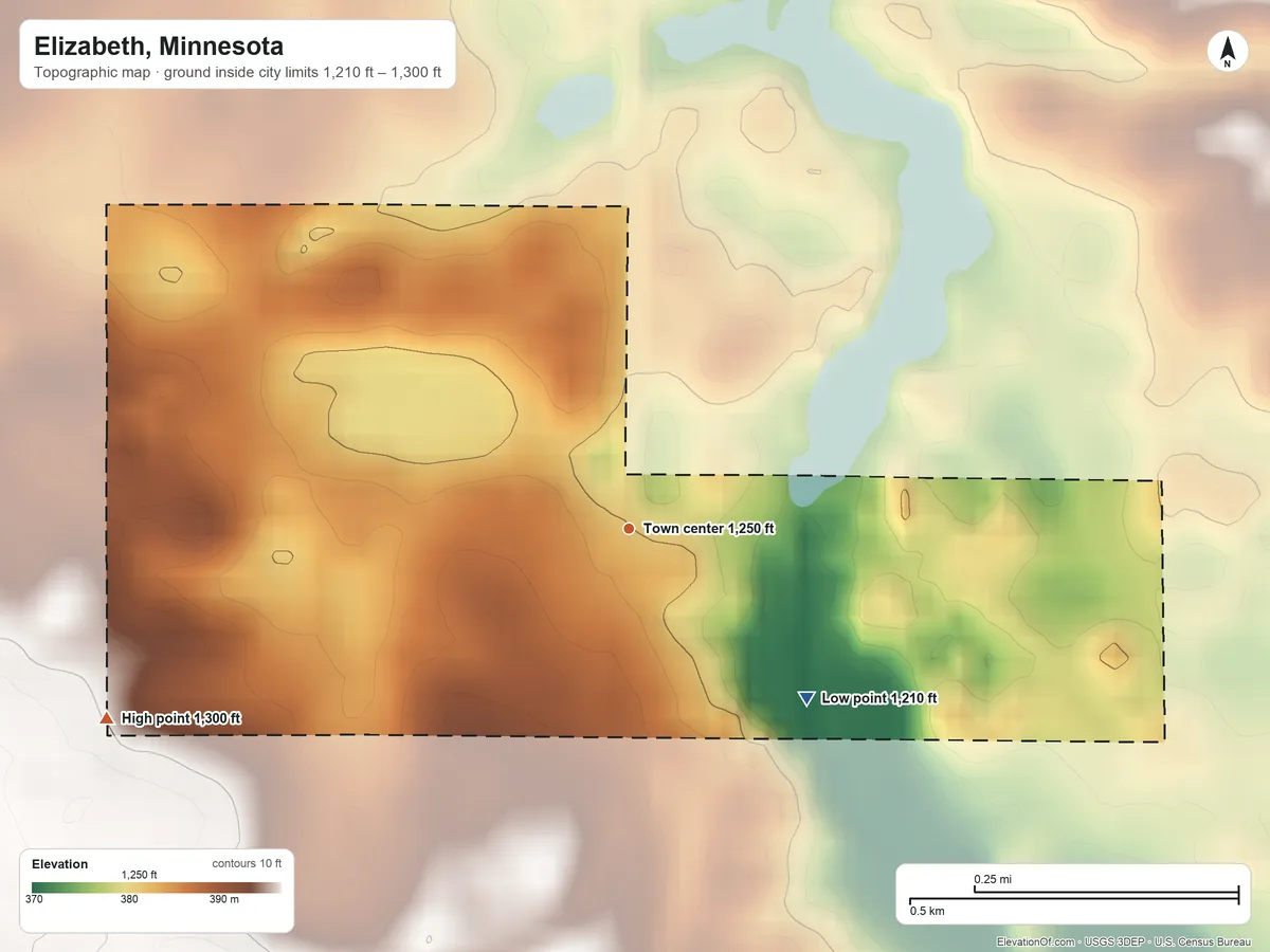 Topographic elevation map of Elizabeth, Minnesota, shaded from 1,210 ft on the southeast side to 1,300 ft on the west side