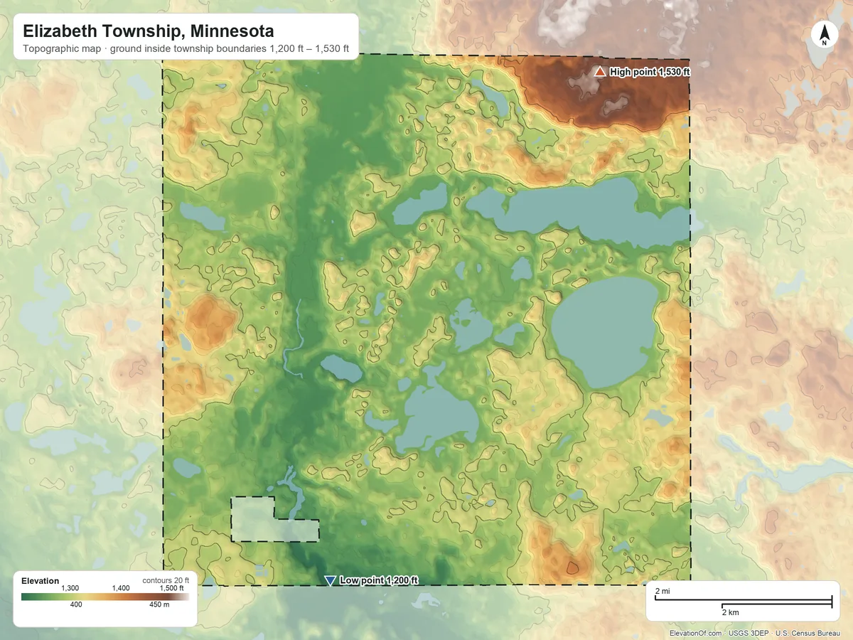 Topographic elevation map of Elizabeth Township, Minnesota, shaded from 1,200 ft on the southwest side to 1,530 ft on the northeast side