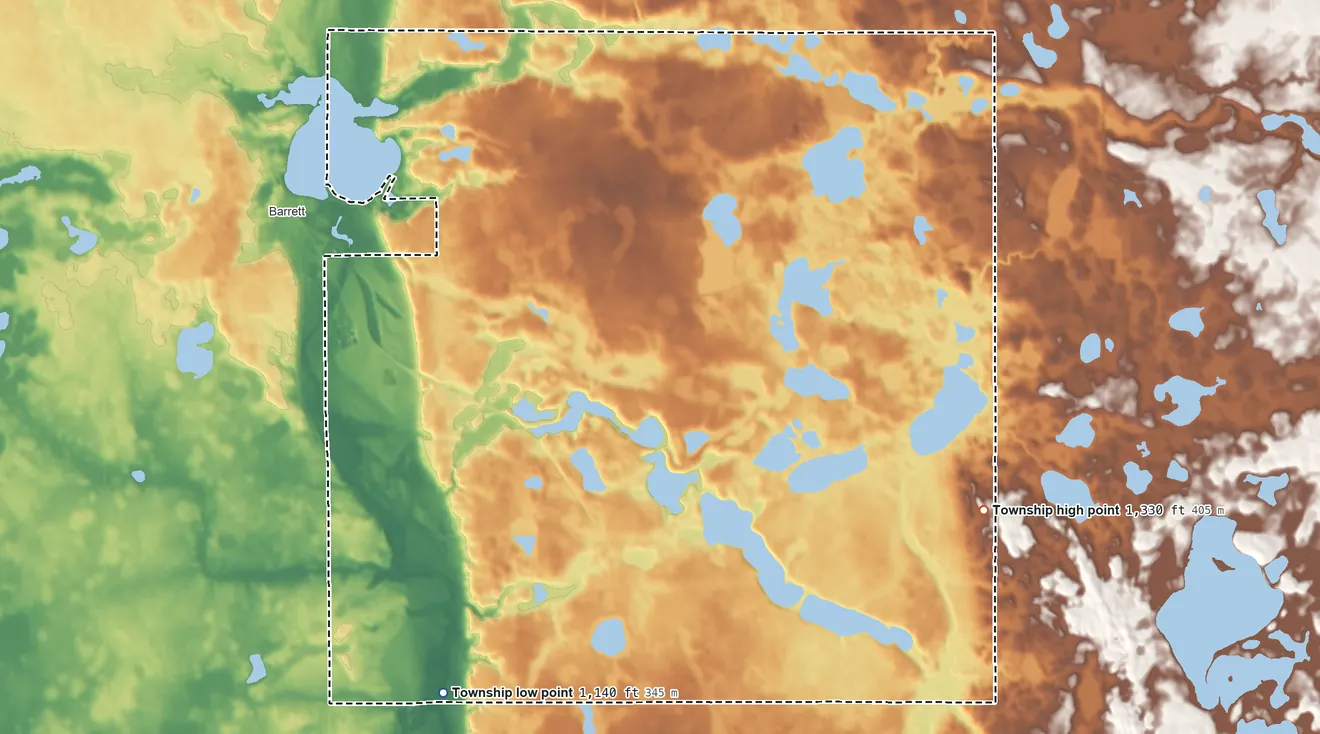 Topographic elevation map of Elk Lake Township, Minnesota, shaded from 1,140 ft on the southwest side to 1,330 ft on the southeast side