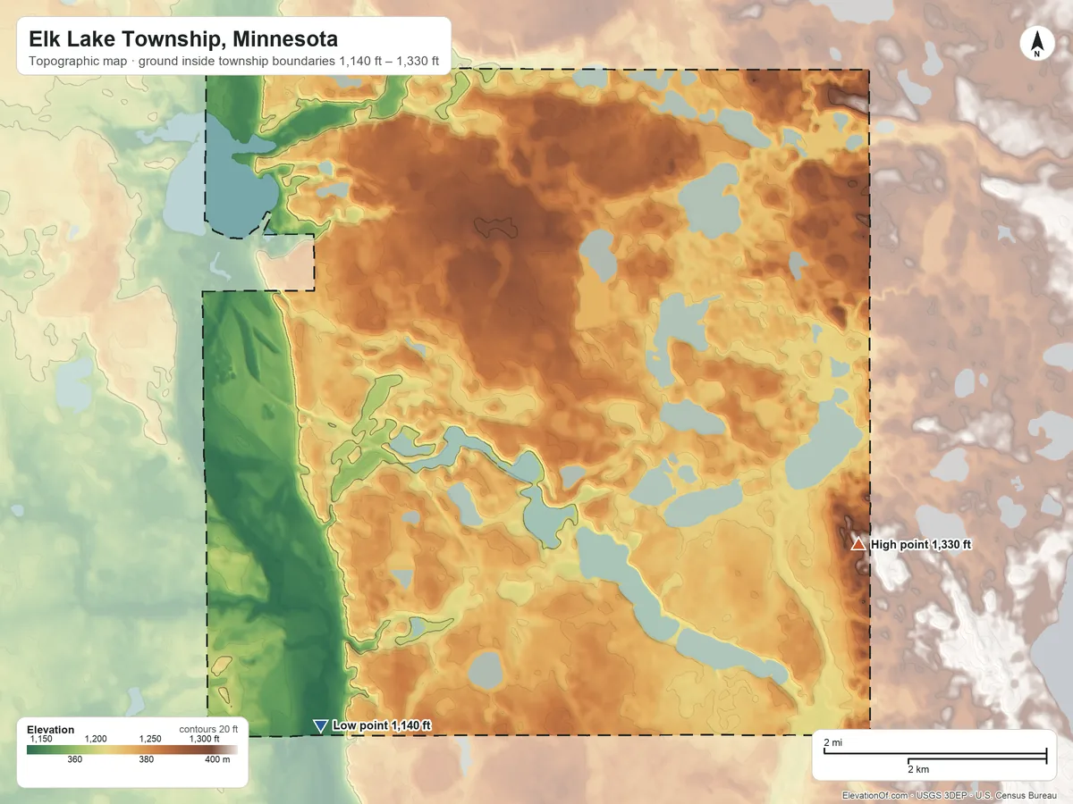 Topographic elevation map of Elk Lake Township, Minnesota, shaded from 1,140 ft on the southwest side to 1,330 ft on the southeast side