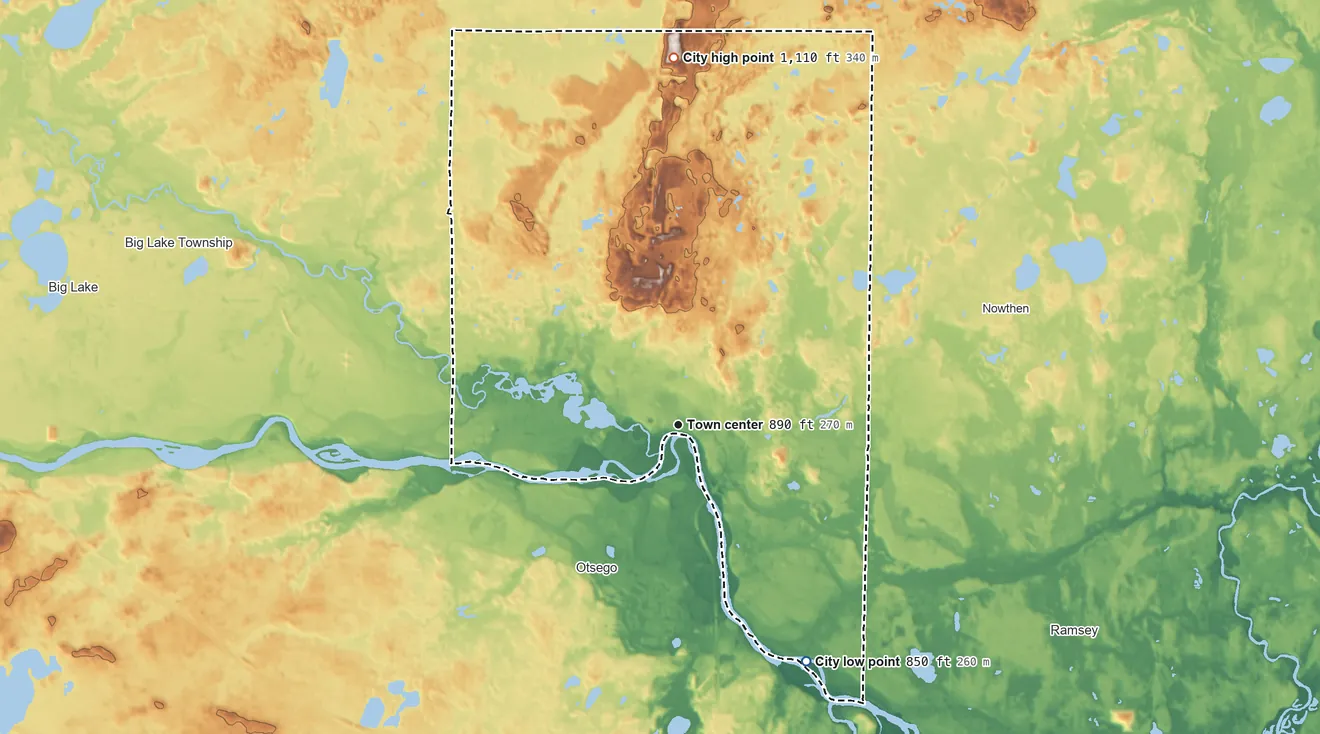 Topographic elevation map of Elk River, Minnesota, shaded from 850 ft on the southeast side to 1,110 ft on the north side