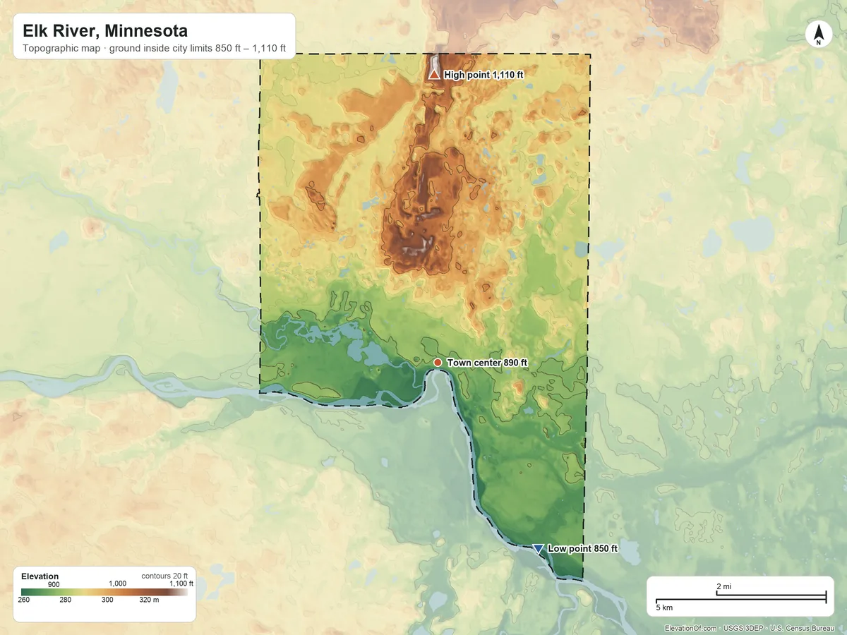 Topographic elevation map of Elk River, Minnesota, shaded from 850 ft on the southeast side to 1,110 ft on the north side