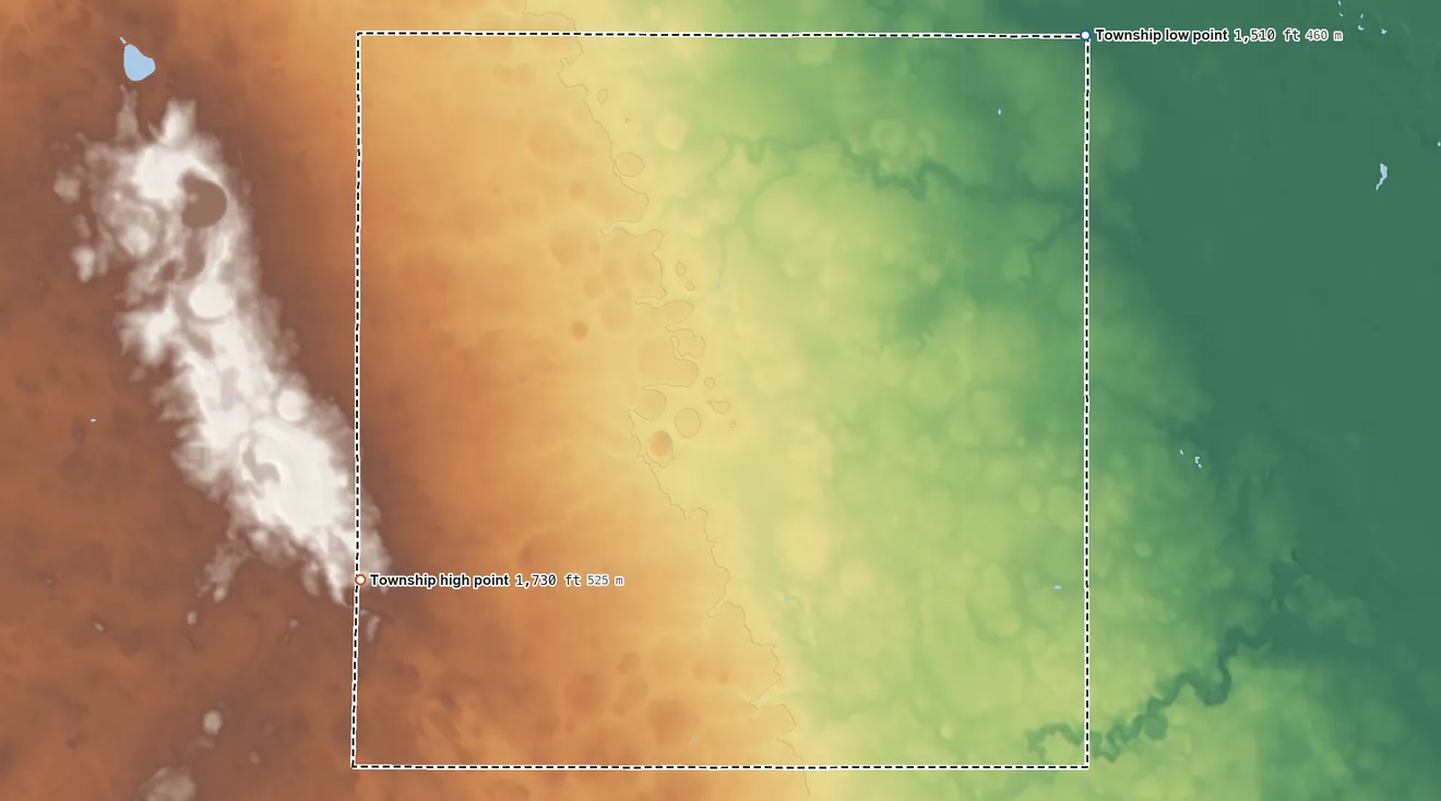 Topographic elevation map of Elk Township, Minnesota, shaded from 1,510 ft on the northeast side to 1,730 ft on the west side