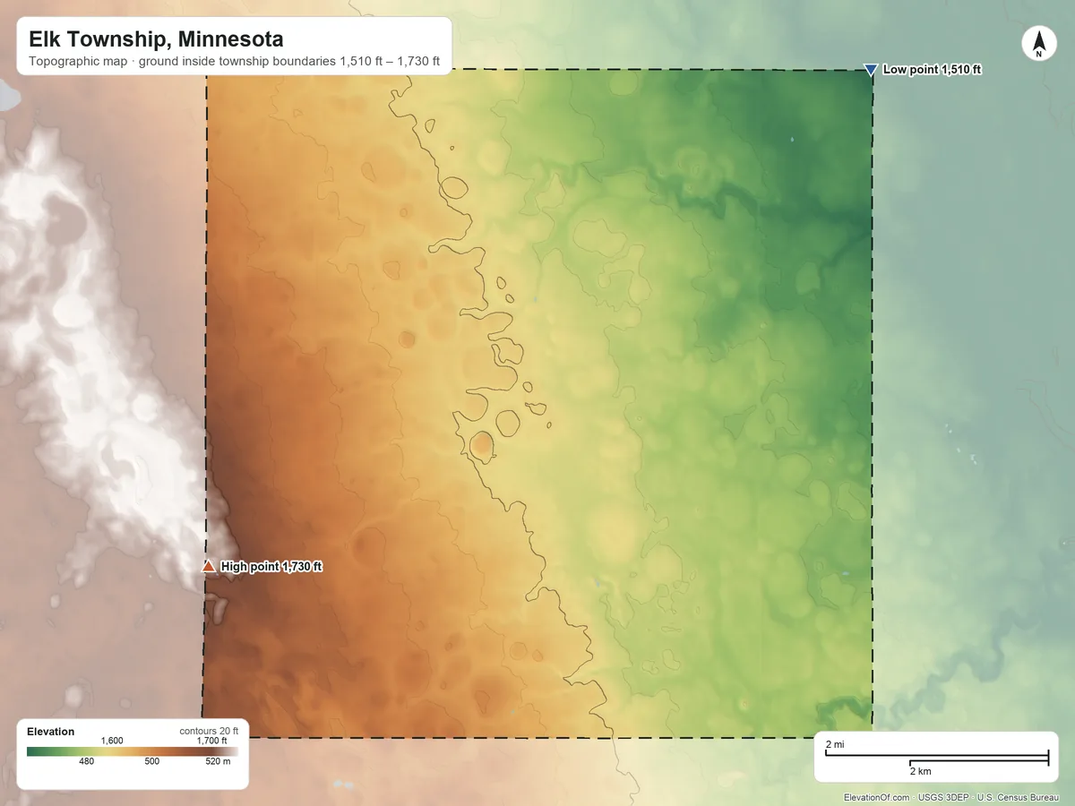 Topographic elevation map of Elk Township, Minnesota, shaded from 1,510 ft on the northeast side to 1,730 ft on the west side
