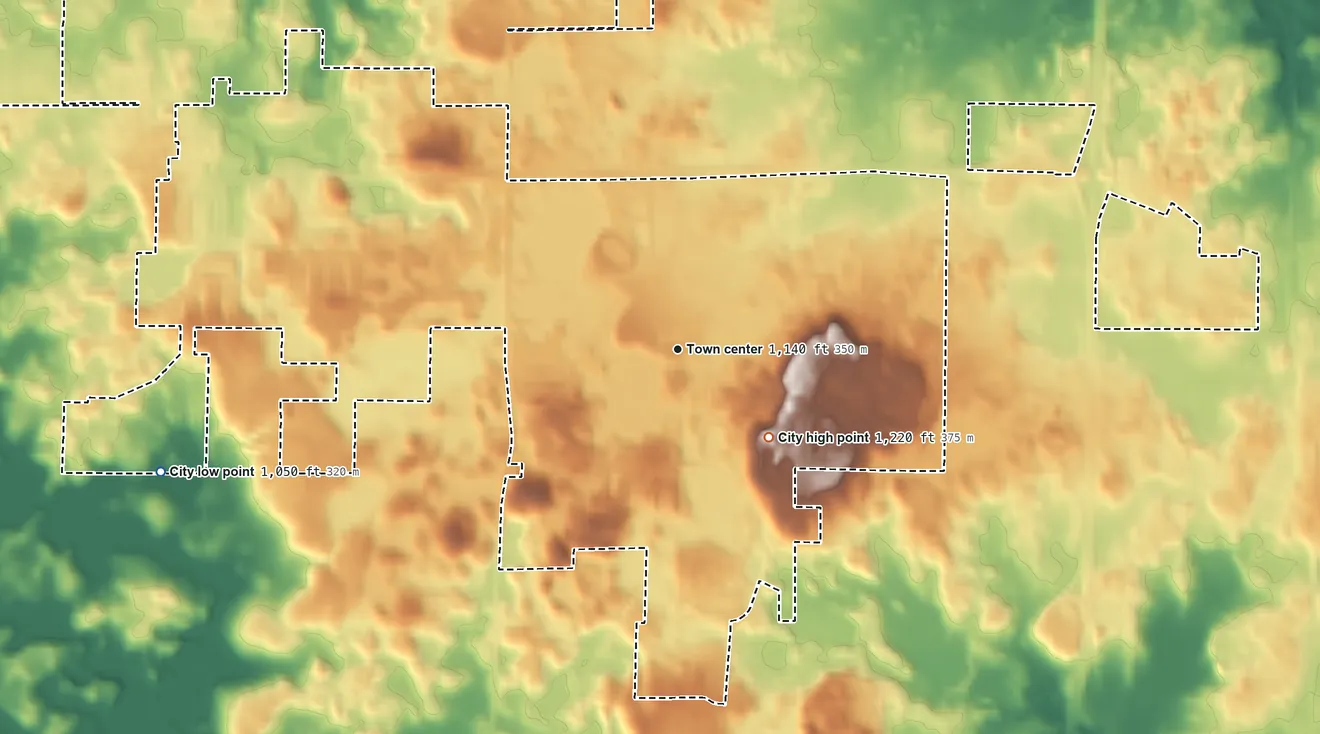 Topographic elevation map of Elko New Market, Minnesota, shaded from 1,050 ft on the west side to 1,220 ft near the middle