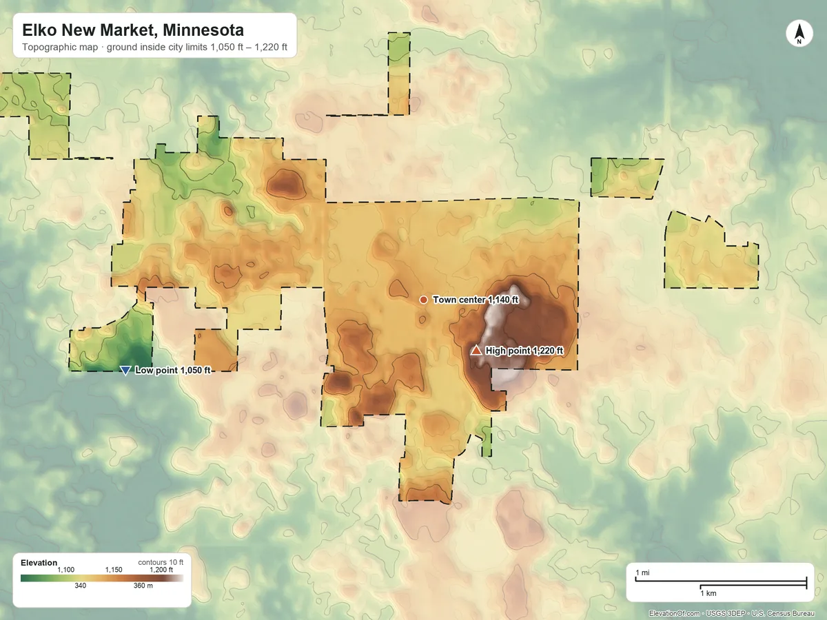 Topographic elevation map of Elko New Market, Minnesota, shaded from 1,050 ft on the west side to 1,220 ft near the middle