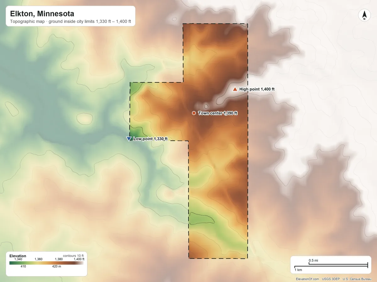 Topographic elevation map of Elkton, Minnesota, shaded from 1,330 ft on the west side to 1,400 ft on the northeast side