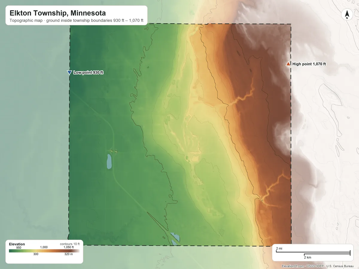 Topographic elevation map of Elkton Township, Minnesota, shaded from 930 ft on the northwest side to 1,070 ft on the northeast side