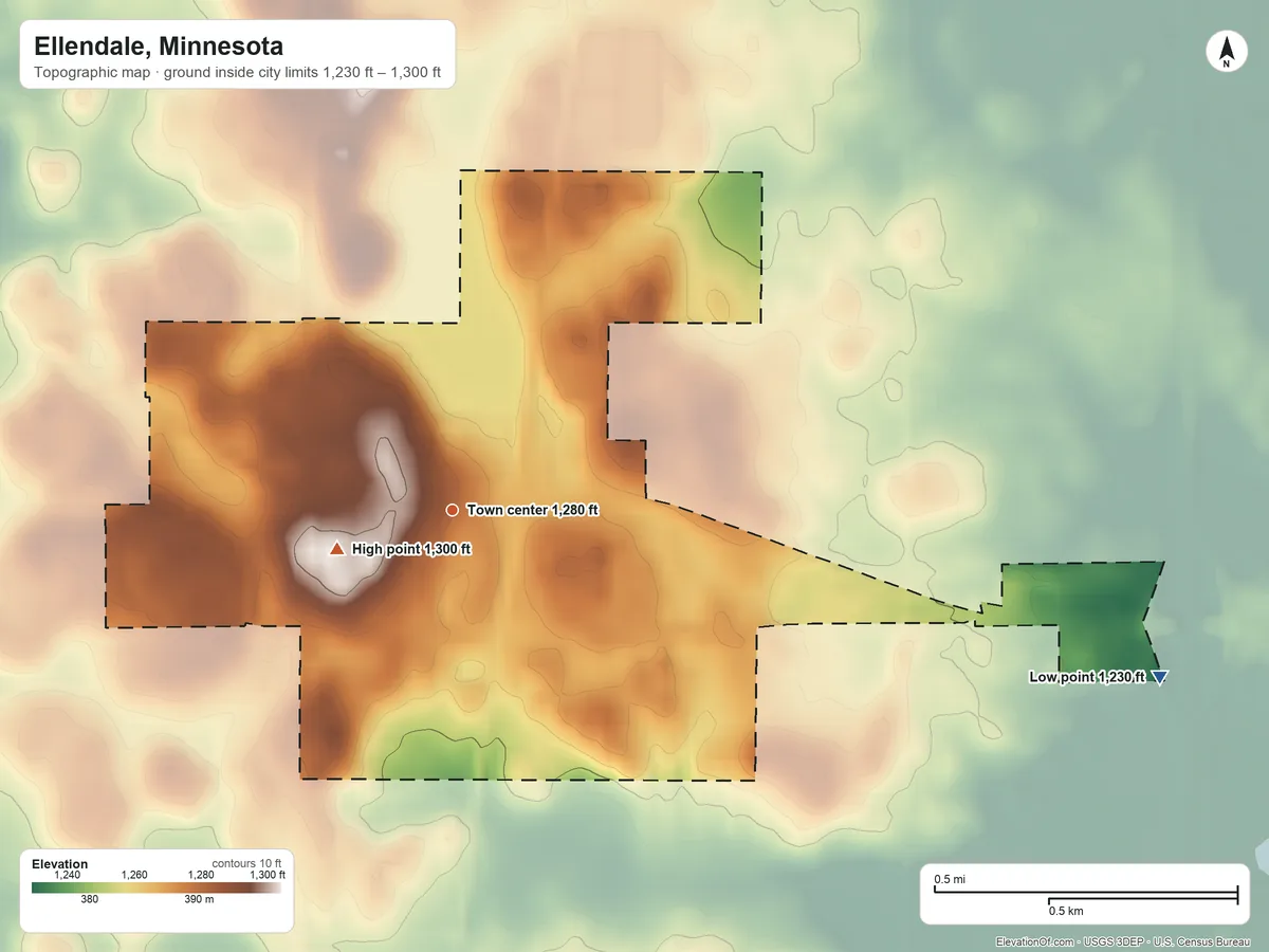 Topographic elevation map of Ellendale, Minnesota, shaded from 1,230 ft on the east side to 1,300 ft near the middle