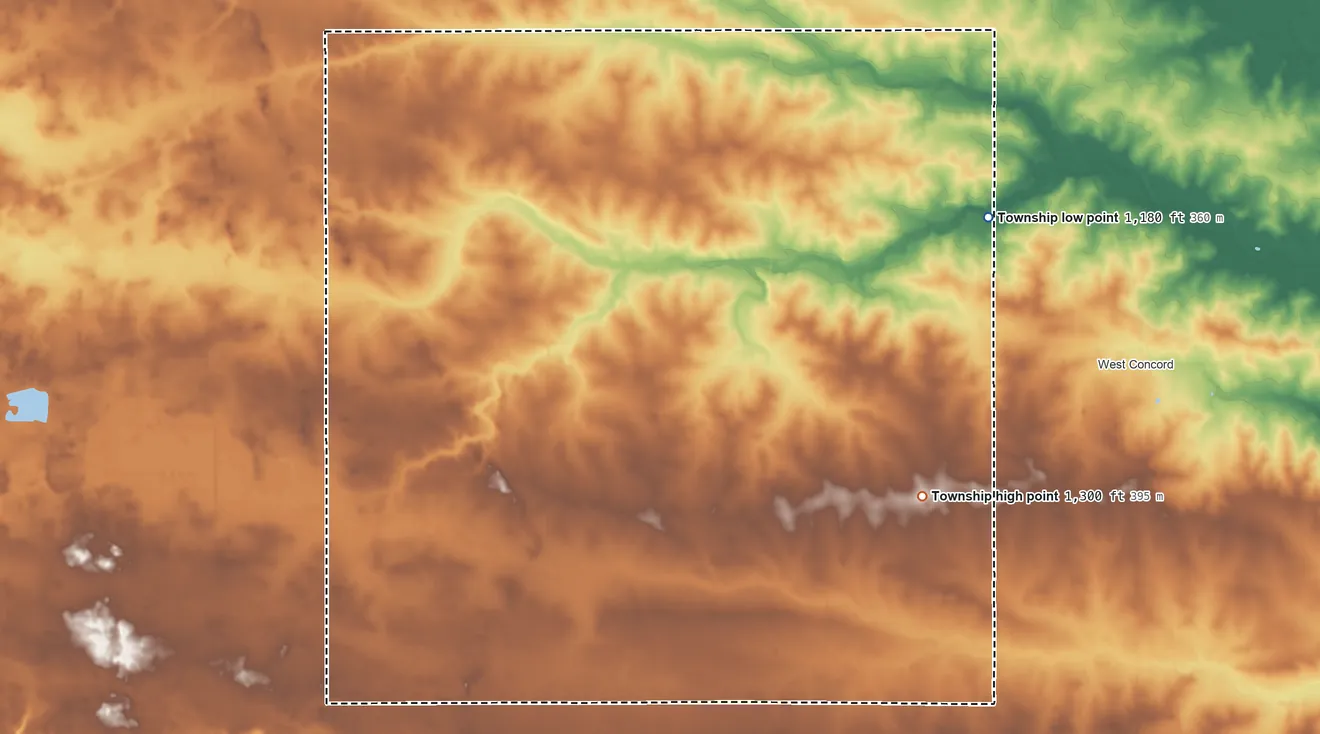 Topographic elevation map of Ellington Township, Minnesota, shaded from 1,180 ft on the east side to 1,300 ft on the southeast side