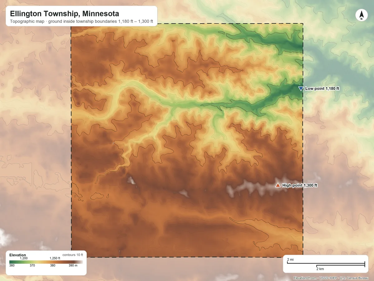 Topographic elevation map of Ellington Township, Minnesota, shaded from 1,180 ft on the east side to 1,300 ft on the southeast side