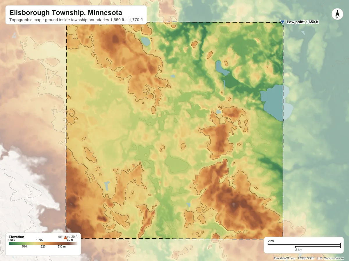 Topographic elevation map of Ellsborough Township, Minnesota, shaded from 1,650 ft on the northeast side to 1,770 ft on the southwest side