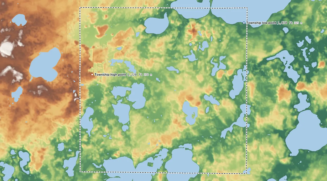 Topographic elevation map of Ellsworth Township, Minnesota, shaded from 1,070 ft on the northeast side to 1,220 ft on the west side